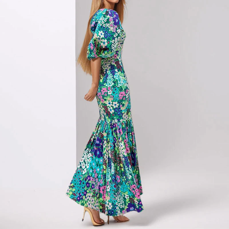Early Spring New O Neck Fit Mermaid Dress Fashion Lady Party Pleated Dress Temperament Lantern Sleeve Print Wrap Hips Long Dress