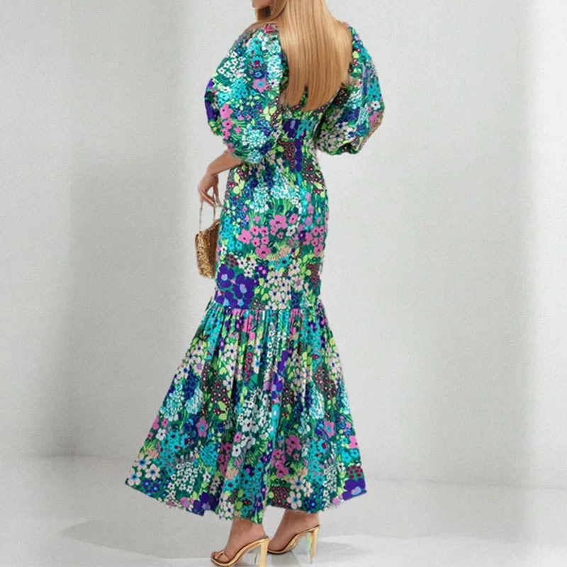 Early Spring New O Neck Fit Mermaid Dress Fashion Lady Party Pleated Dress Temperament Lantern Sleeve Print Wrap Hips Long Dress