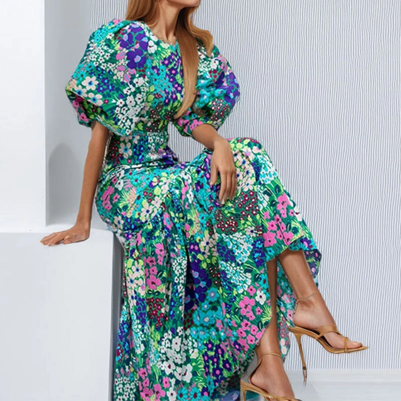 Early Spring New O Neck Fit Mermaid Dress Fashion Lady Party Pleated Dress Temperament Lantern Sleeve Print Wrap Hips Long Dress