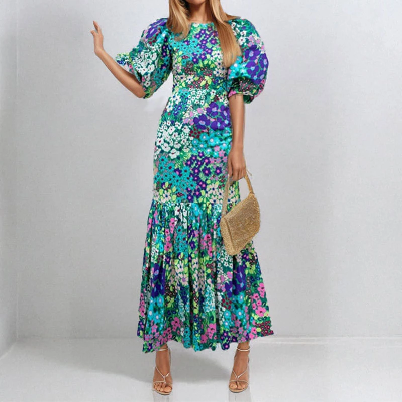 Early Spring New O Neck Fit Mermaid Dress Fashion Lady Party Pleated Dress Temperament Lantern Sleeve Print Wrap Hips Long Dress