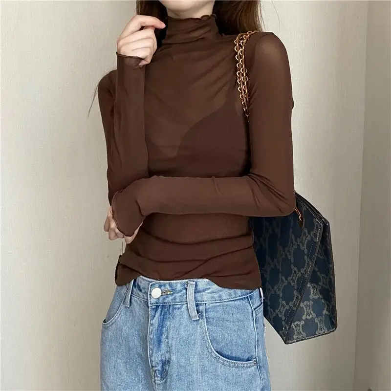 Women Lace Bottomed Blouse T-shirt Long Sleeve Transparent Hollow Mesh High collar fungus Spring T-Shirt For Women Beach Shirts
