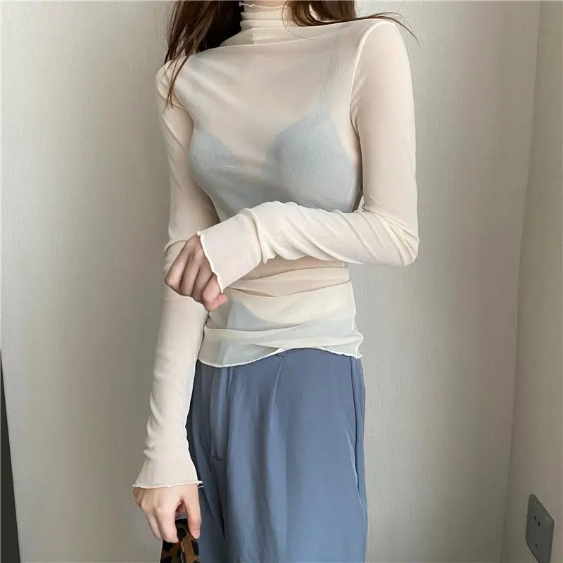 Women Lace Bottomed Blouse T-shirt Long Sleeve Transparent Hollow Mesh High collar fungus Spring T-Shirt For Women Beach Shirts