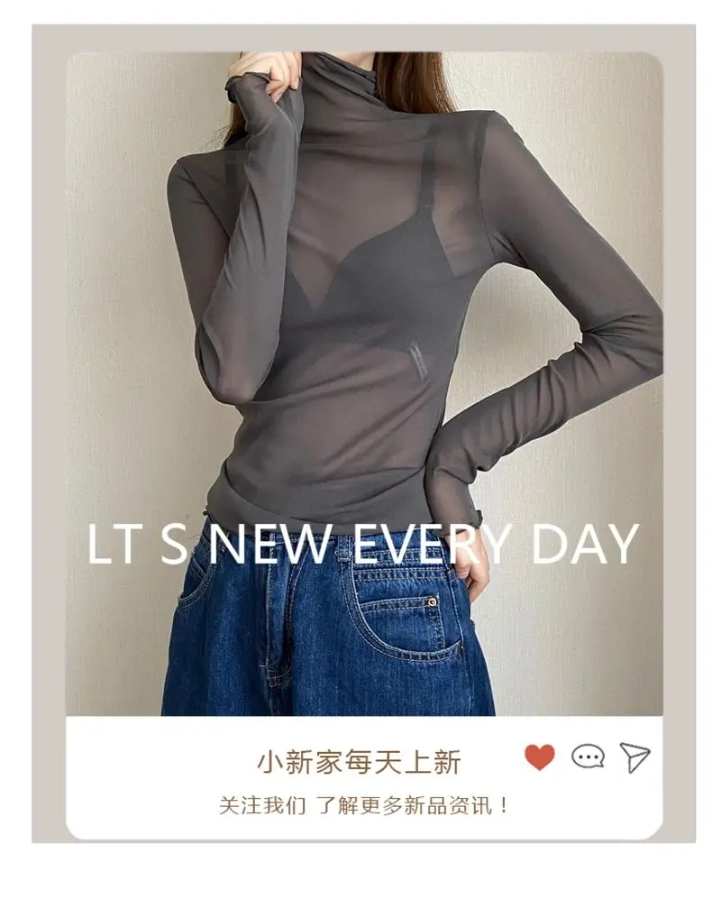 Women Lace Bottomed Blouse T-shirt Long Sleeve Transparent Hollow Mesh High collar fungus Spring T-Shirt For Women Beach Shirts