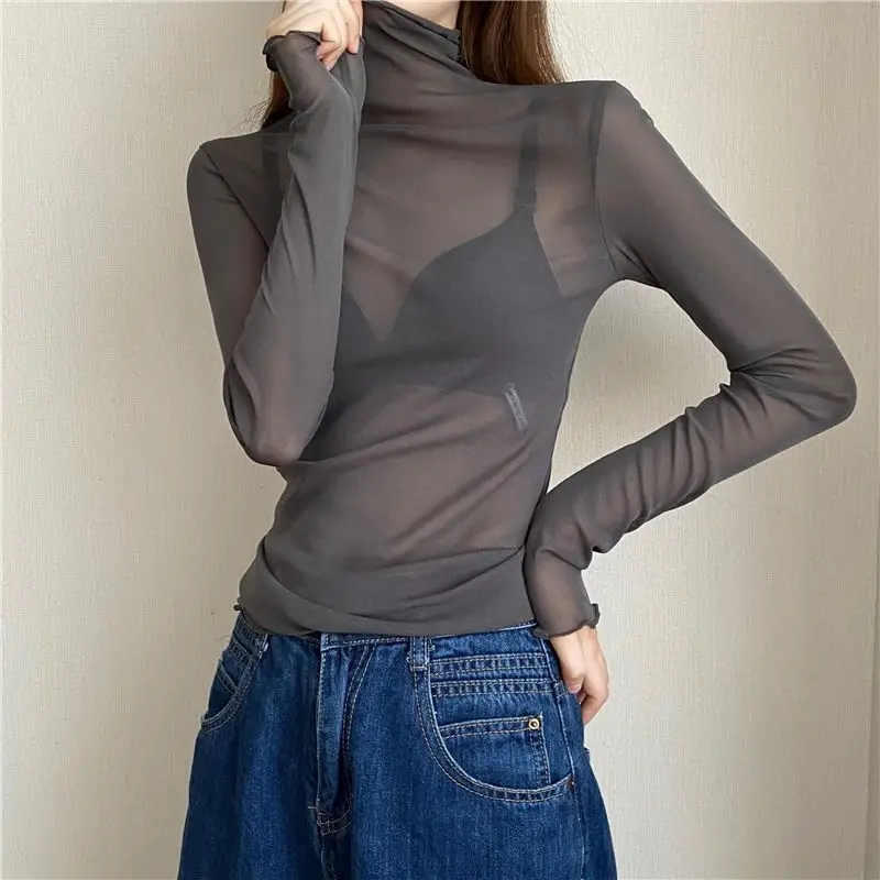 Women Lace Bottomed Blouse T-shirt Long Sleeve Transparent Hollow Mesh High collar fungus Spring T-Shirt For Women Beach Shirts