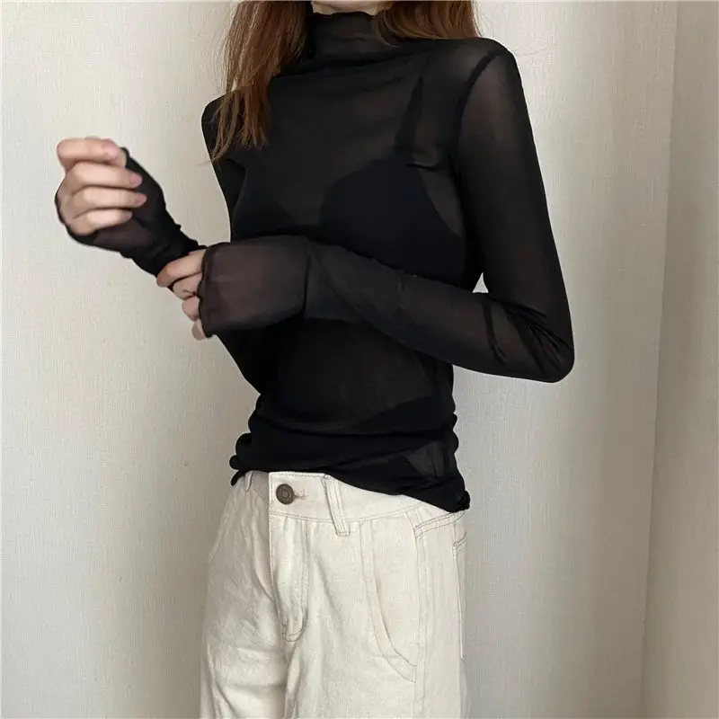 Women Lace Bottomed Blouse T-shirt Long Sleeve Transparent Hollow Mesh High collar fungus Spring T-Shirt For Women Beach Shirts
