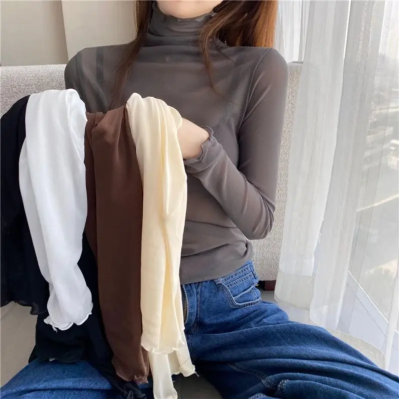 Women Lace Bottomed Blouse T-shirt Long Sleeve Transparent Hollow Mesh High collar fungus Spring T-Shirt For Women Beach Shirts