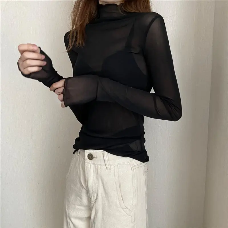 Women Lace Bottomed Blouse T-shirt Long Sleeve Transparent Hollow Mesh High collar fungus Spring T-Shirt For Women Beach Shirts