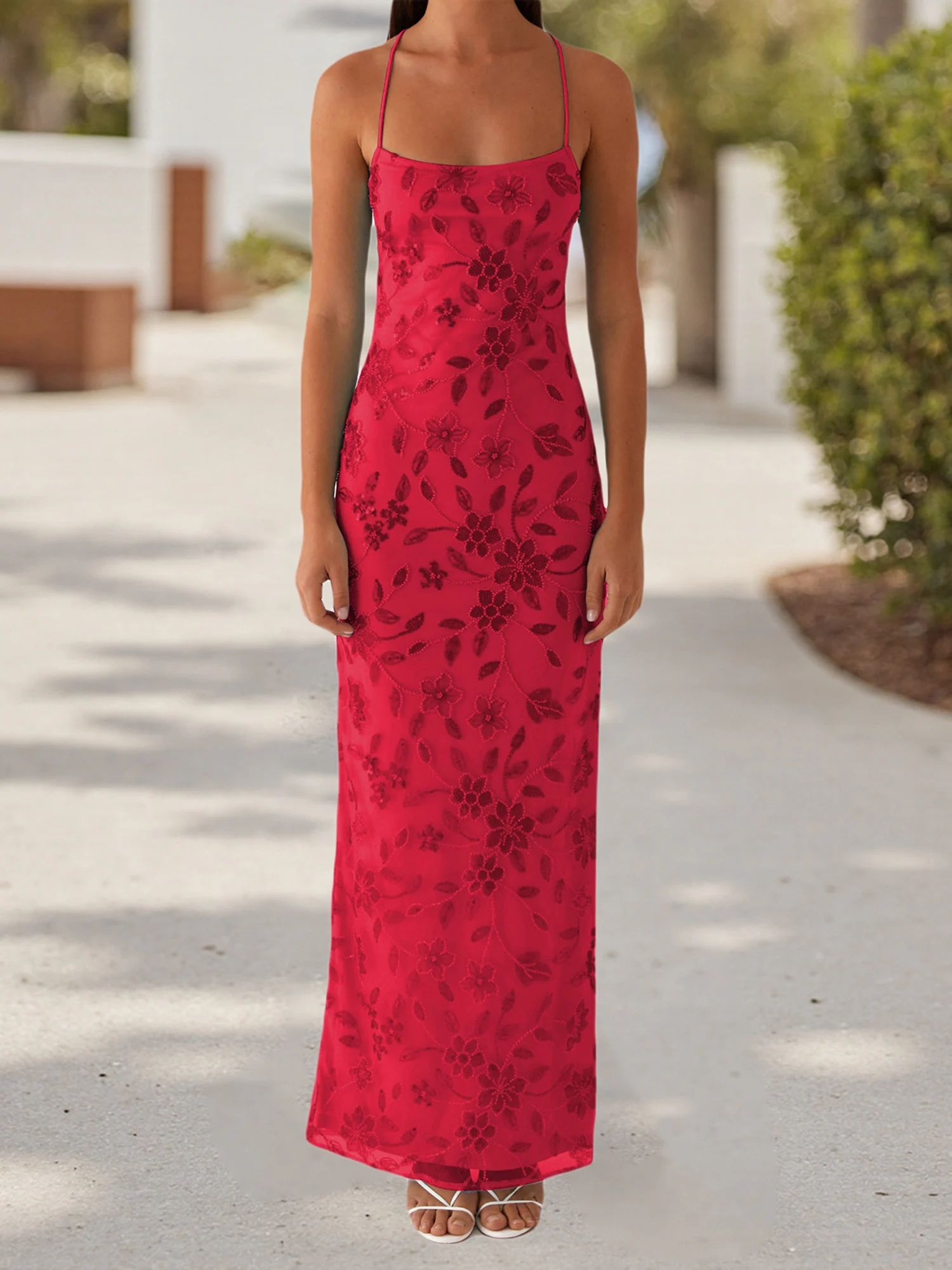 Women Summer Glitter Sequin Beaded Flower Cami Dress Slim High Split Spaghetti Strap Open Back Long Dresses for Party Club