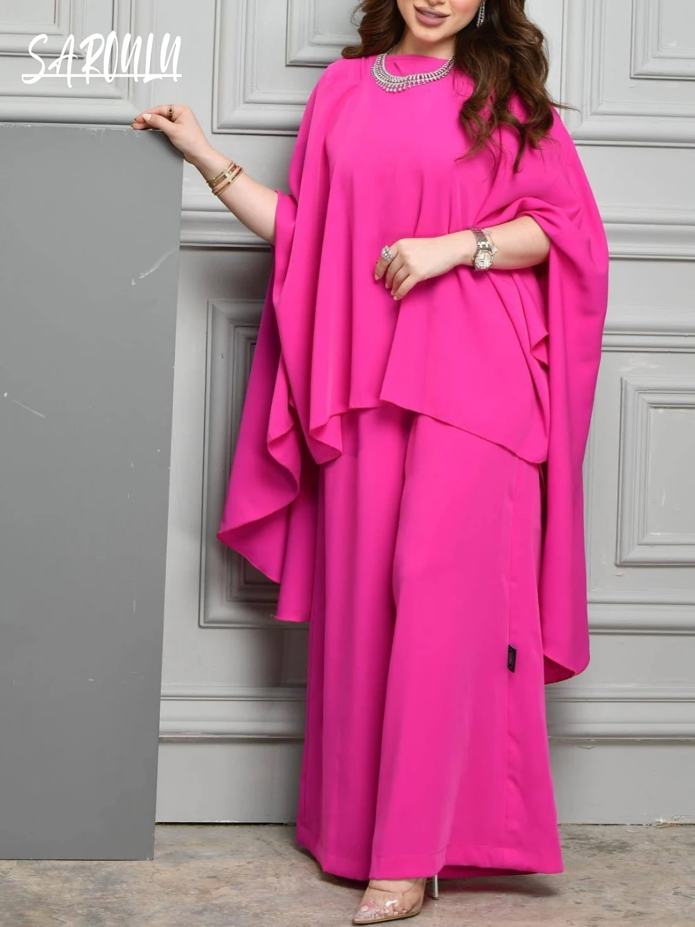 Smooth 2-pieces Chiffon Evening Dress Simple Elegant Kaftan Plus Size Fast Shipping Prom Gown Arabic Women Long Sleeves Party