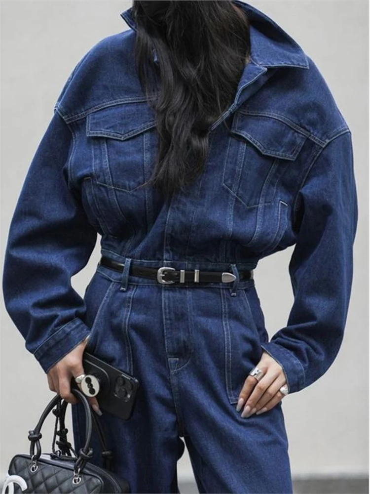 Street Denim Jeans Jumpsuit for Women Long Sleeve Rompers Trousers Safari Style High Quality New Fashion 2025