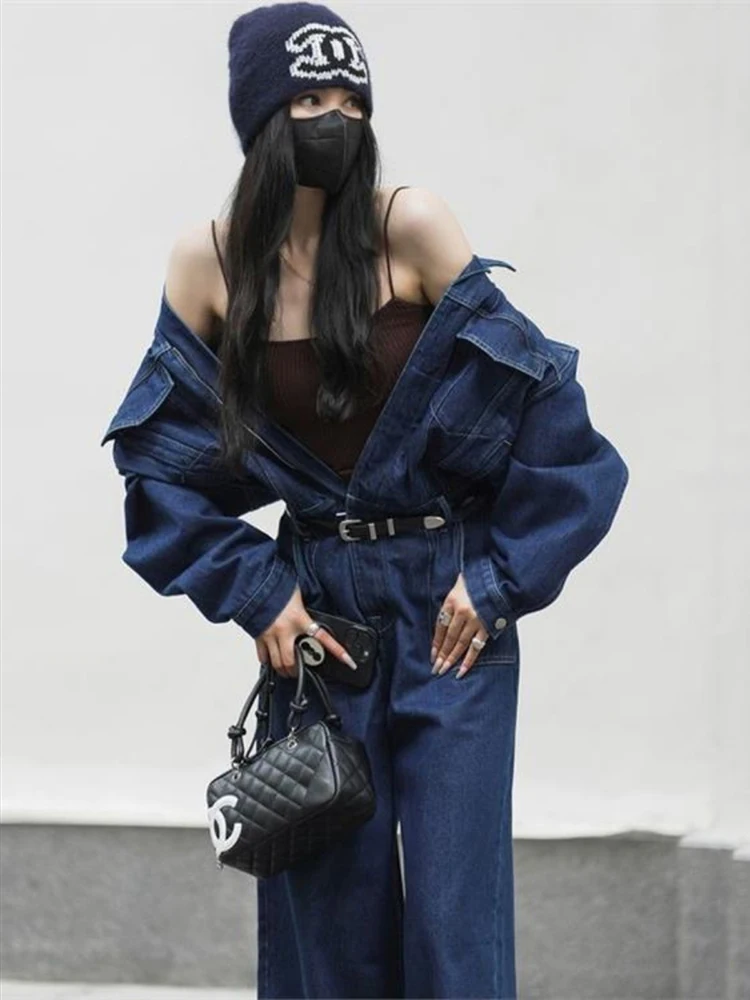 Street Denim Jeans Jumpsuit for Women Long Sleeve Rompers Trousers Safari Style High Quality New Fashion 2025