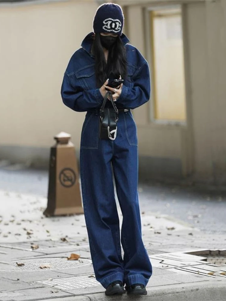 Street Denim Jeans Jumpsuit for Women Long Sleeve Rompers Trousers Safari Style High Quality New Fashion 2025