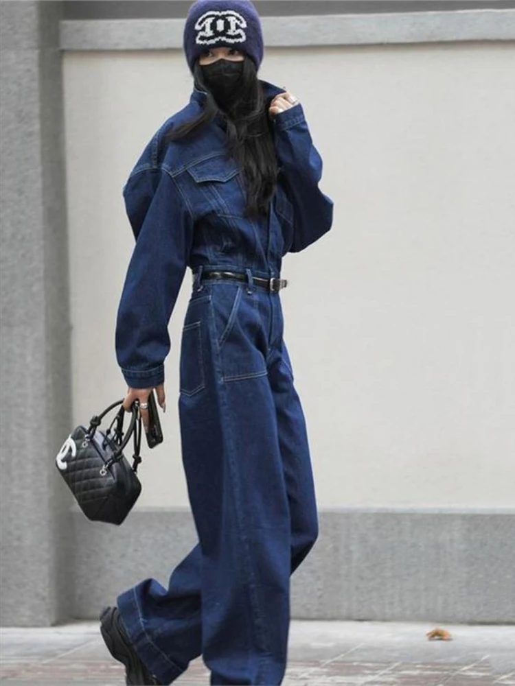 Street Denim Jeans Jumpsuit for Women Long Sleeve Rompers Trousers Safari Style High Quality New Fashion 2025