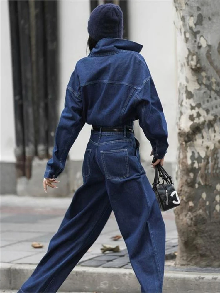 Street Denim Jeans Jumpsuit for Women Long Sleeve Rompers Trousers Safari Style High Quality New Fashion 2025
