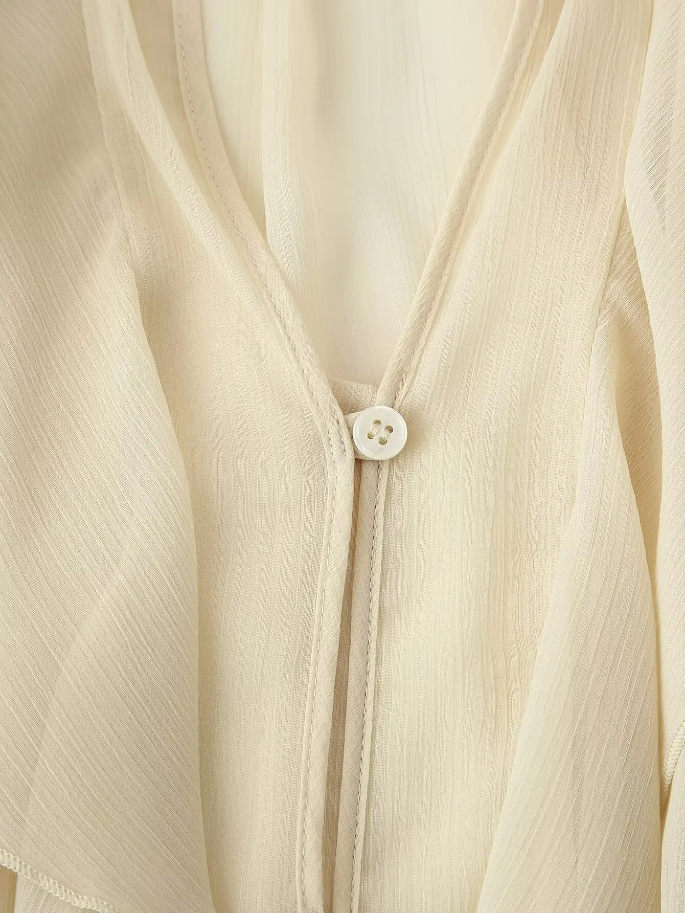Spring 2025 Women Sex Semi-Sheer Long Sleeve V Neck Ruffle Blouse Shirt Front Button Streetwear Tops