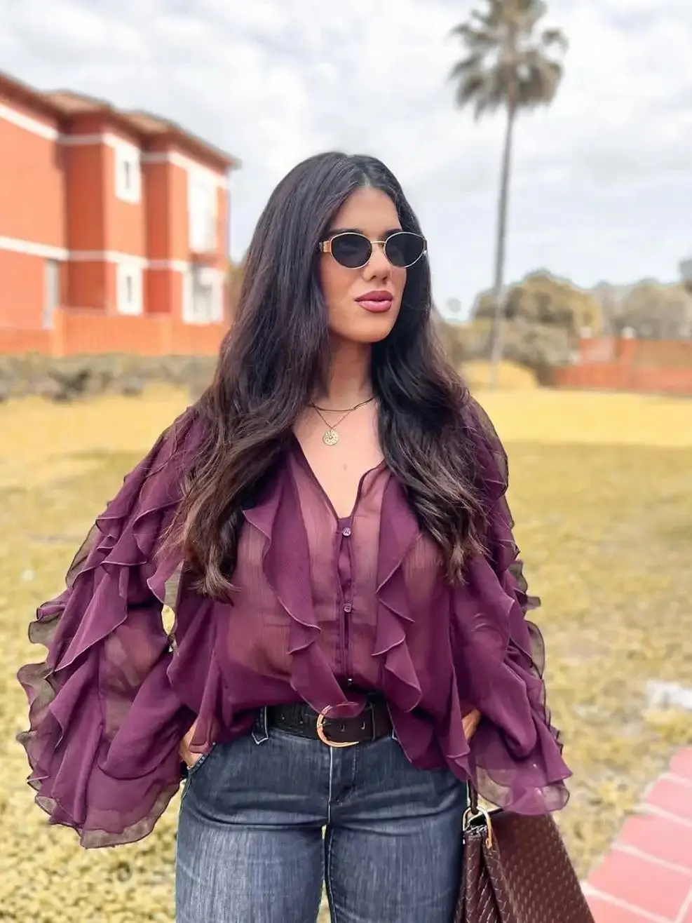 Spring 2025 Women Sex Semi-Sheer Long Sleeve V Neck Ruffle Blouse Shirt Front Button Streetwear Tops