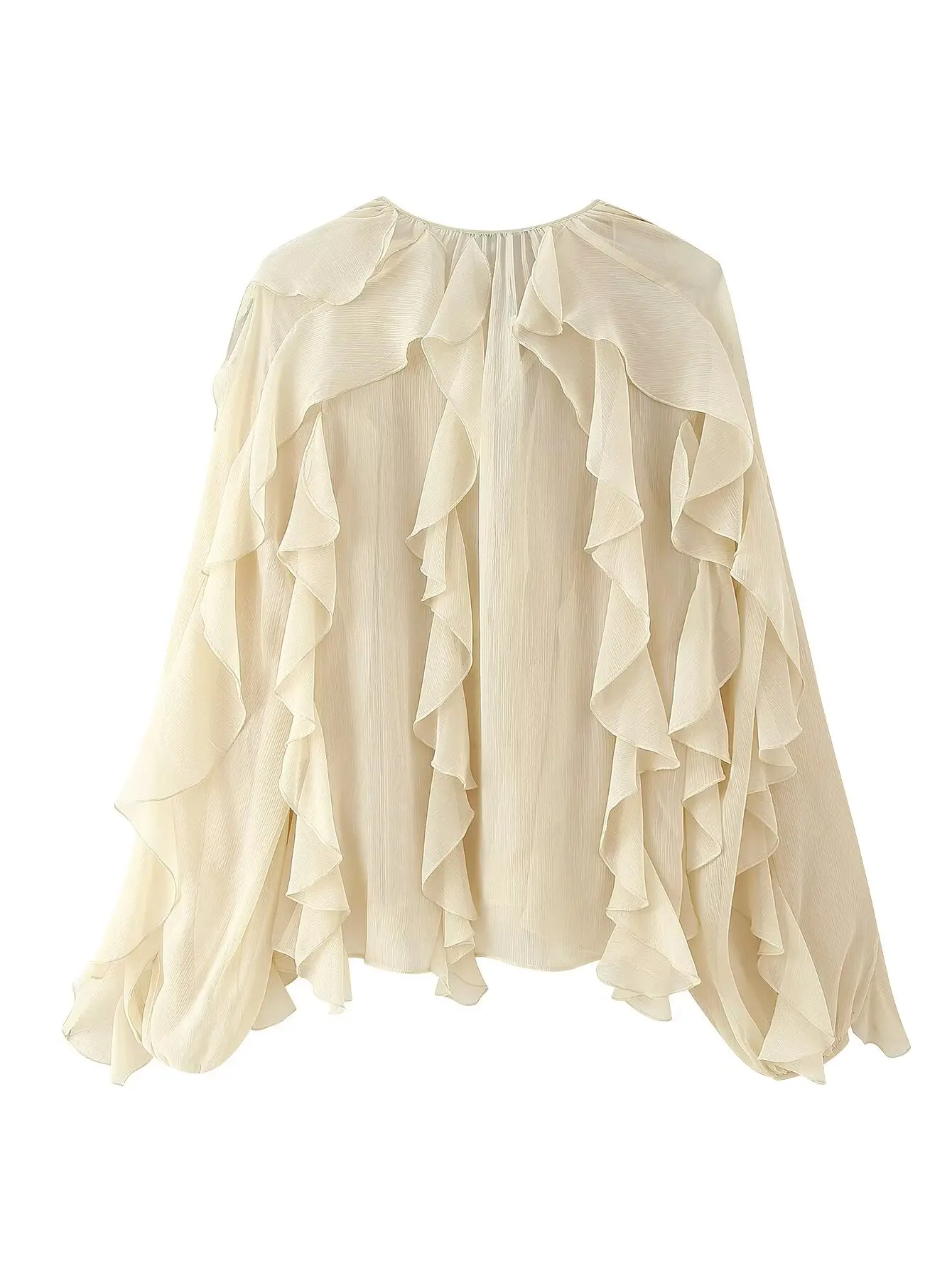 Spring 2025 Women Sex Semi-Sheer Long Sleeve V Neck Ruffle Blouse Shirt Front Button Streetwear Tops
