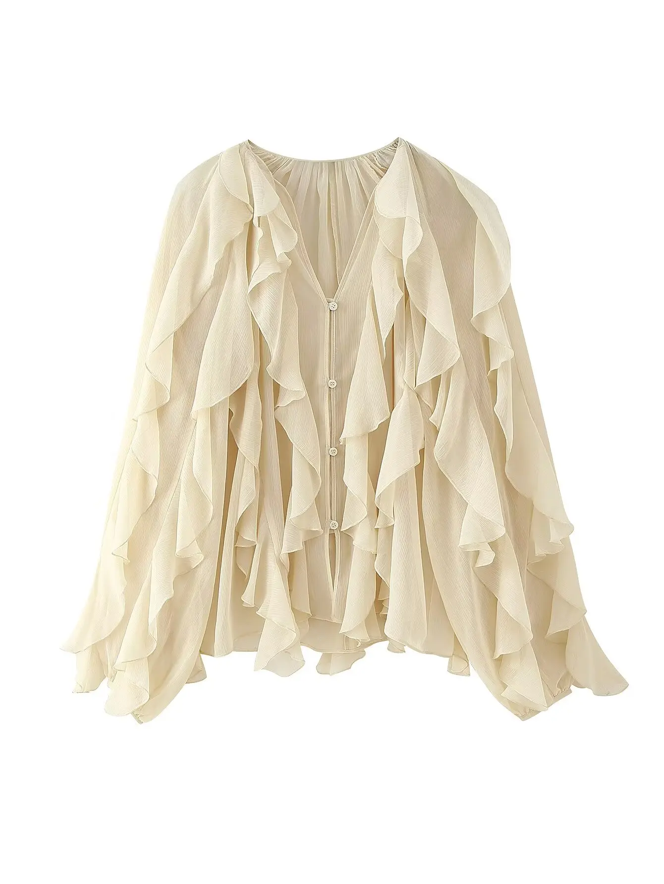 Spring 2025 Women Sex Semi-Sheer Long Sleeve V Neck Ruffle Blouse Shirt Front Button Streetwear Tops