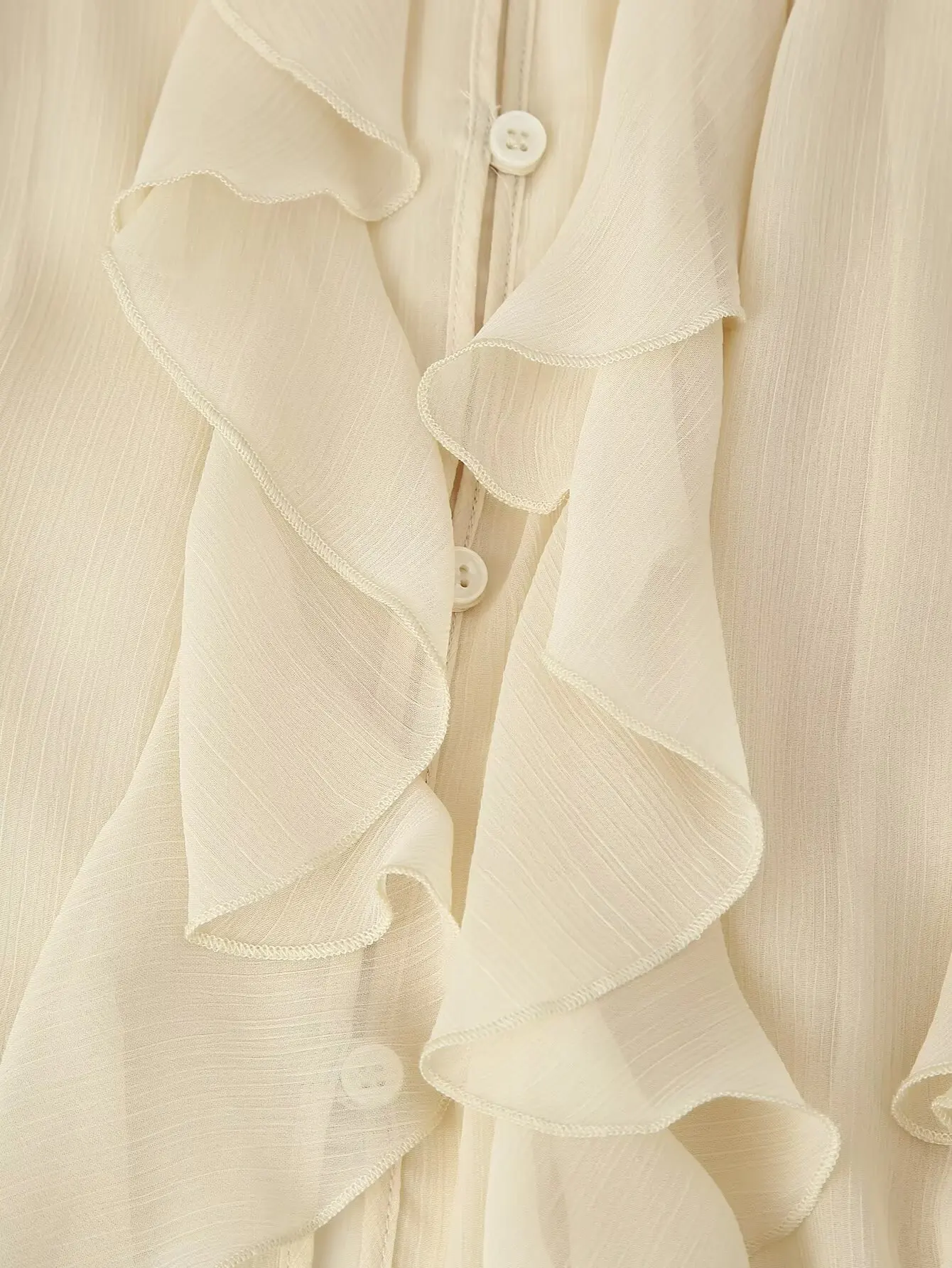 Spring 2025 Women Sex Semi-Sheer Long Sleeve V Neck Ruffle Blouse Shirt Front Button Streetwear Tops