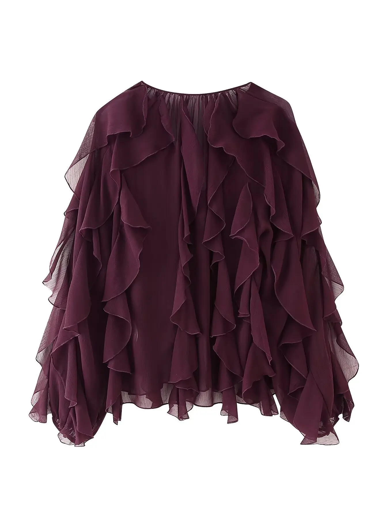 Spring 2025 Women Sex Semi-Sheer Long Sleeve V Neck Ruffle Blouse Shirt Front Button Streetwear Tops
