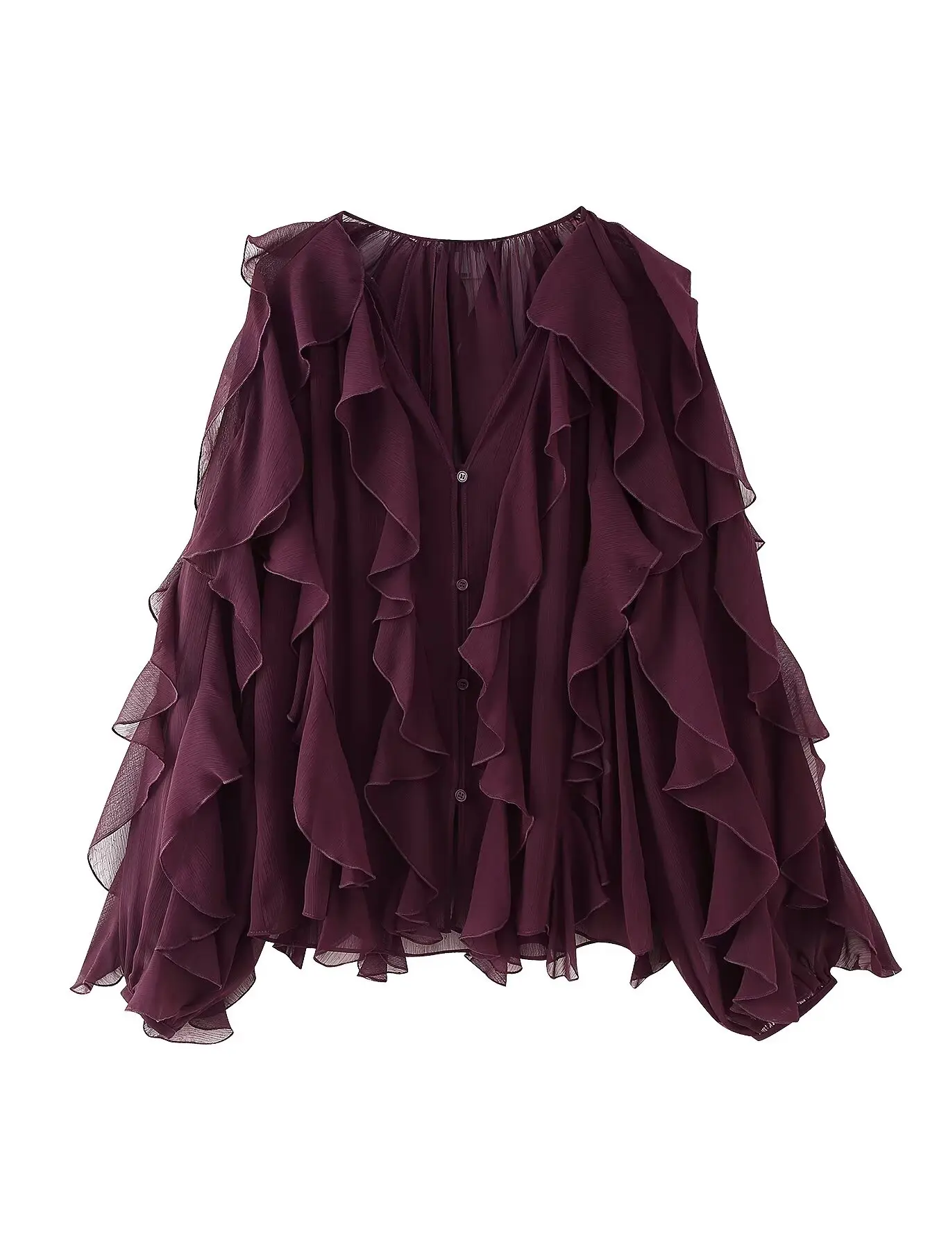 Spring 2025 Women Sex Semi-Sheer Long Sleeve V Neck Ruffle Blouse Shirt Front Button Streetwear Tops
