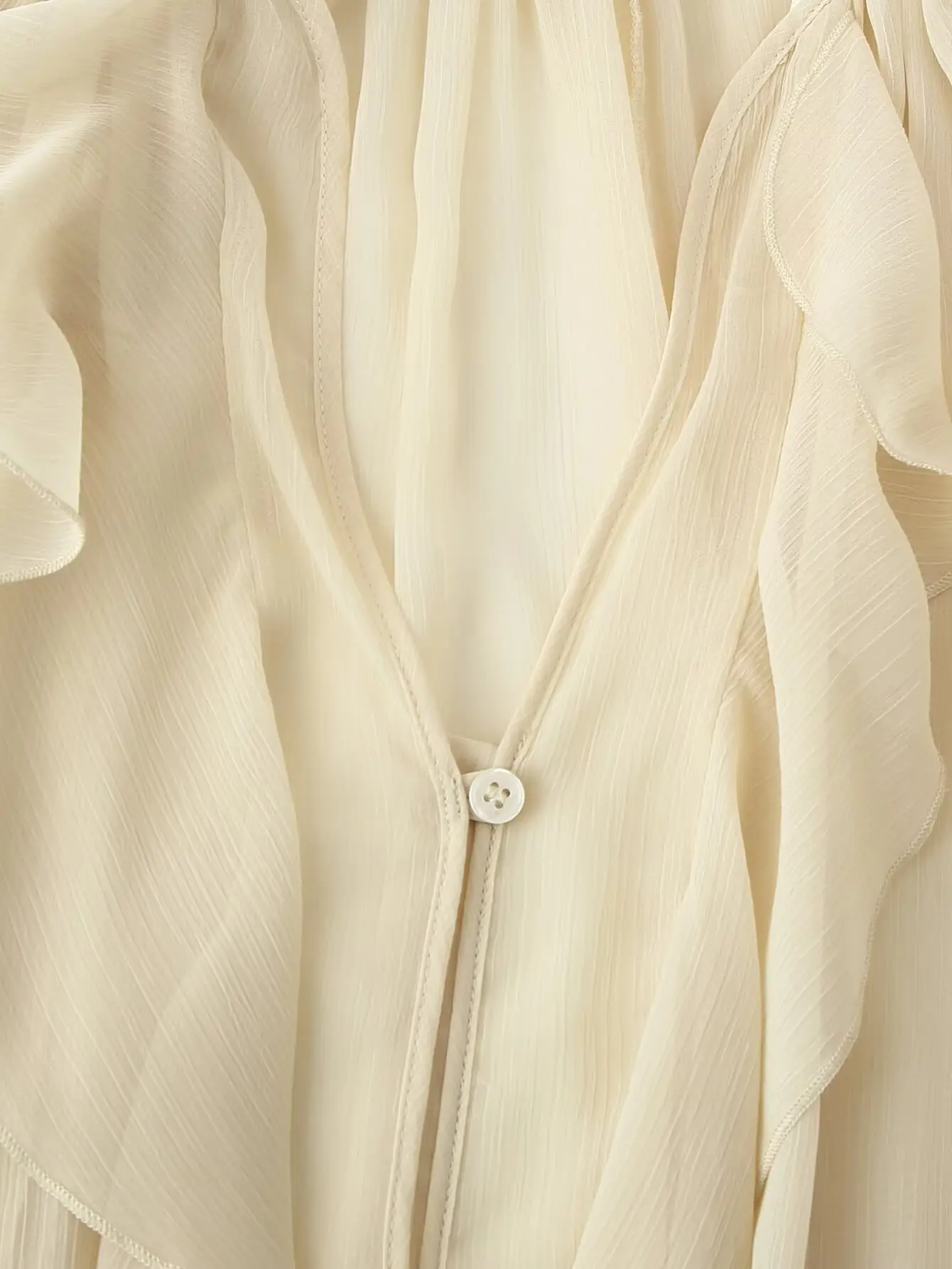 Spring 2025 Women Sex Semi-Sheer Long Sleeve V Neck Ruffle Blouse Shirt Front Button Streetwear Tops