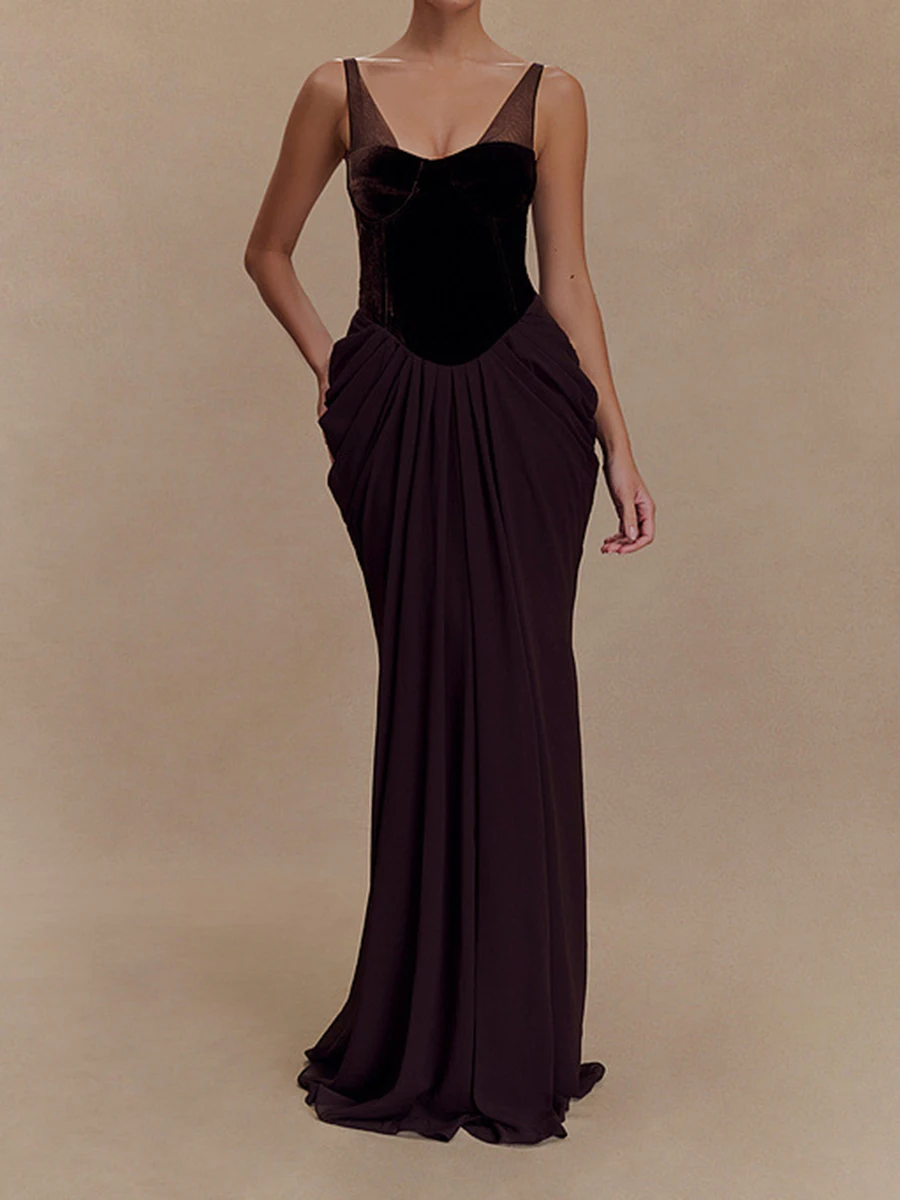 TWOTWINSTYLE Hit Color Spliced Folds Slimming Dresses For Women Square Neck Sleeveless High Waist Temperament Dress Female New