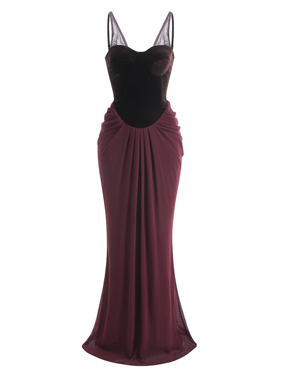 TWOTWINSTYLE Hit Color Spliced Folds Slimming Dresses For Women Square Neck Sleeveless High Waist Temperament Dress Female New