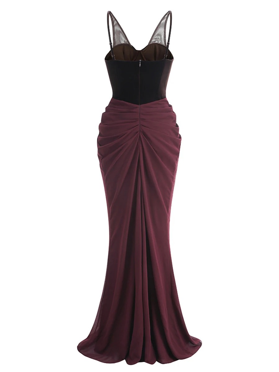 TWOTWINSTYLE Hit Color Spliced Folds Slimming Dresses For Women Square Neck Sleeveless High Waist Temperament Dress Female New