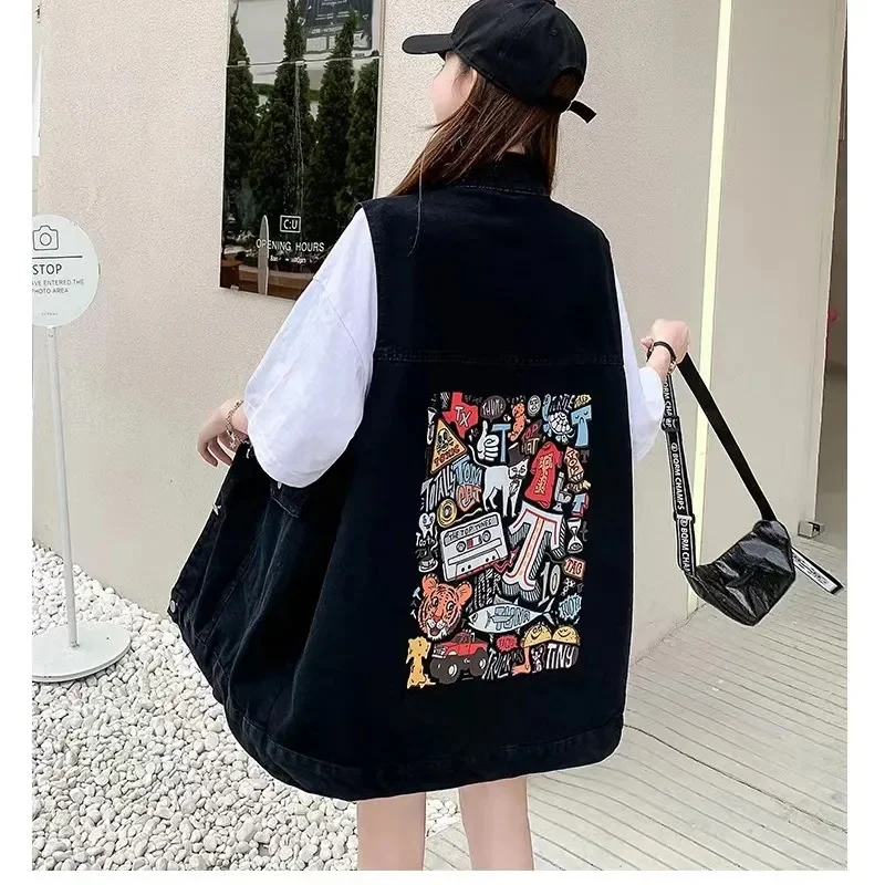 New Denim Vest For Women Jeans Veste Female Casual Sleeveless Jacket Korean Loose Mid-length Printed Female Waistcoat S-4XL