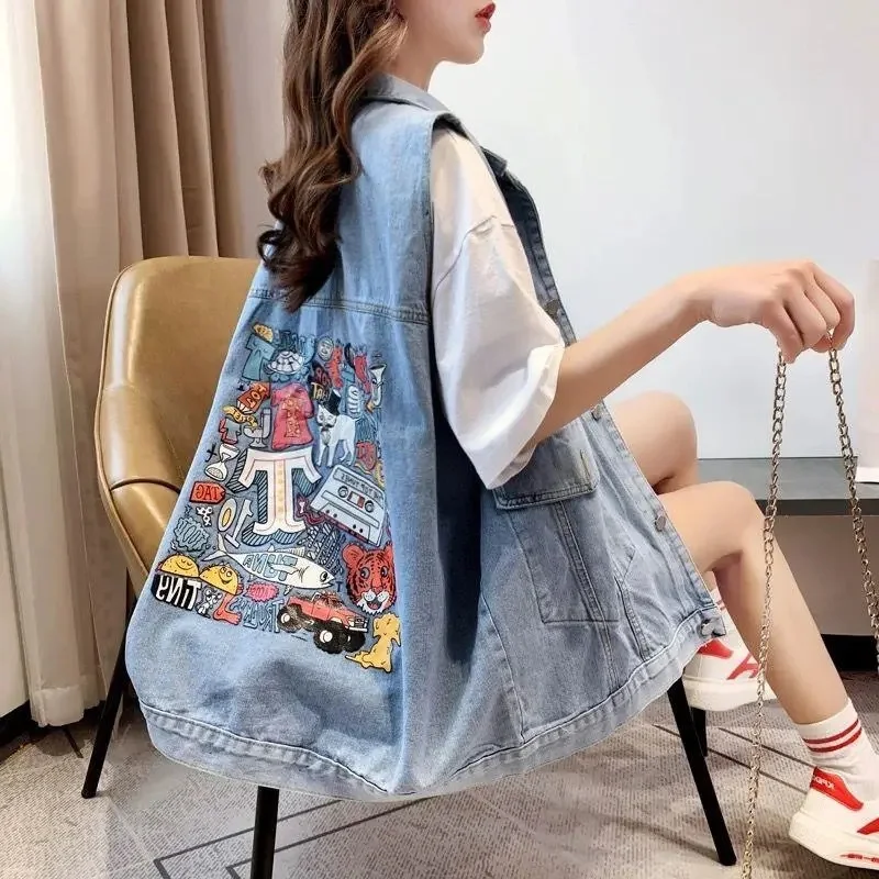 New Denim Vest For Women Jeans Veste Female Casual Sleeveless Jacket Korean Loose Mid-length Printed Female Waistcoat S-4XL