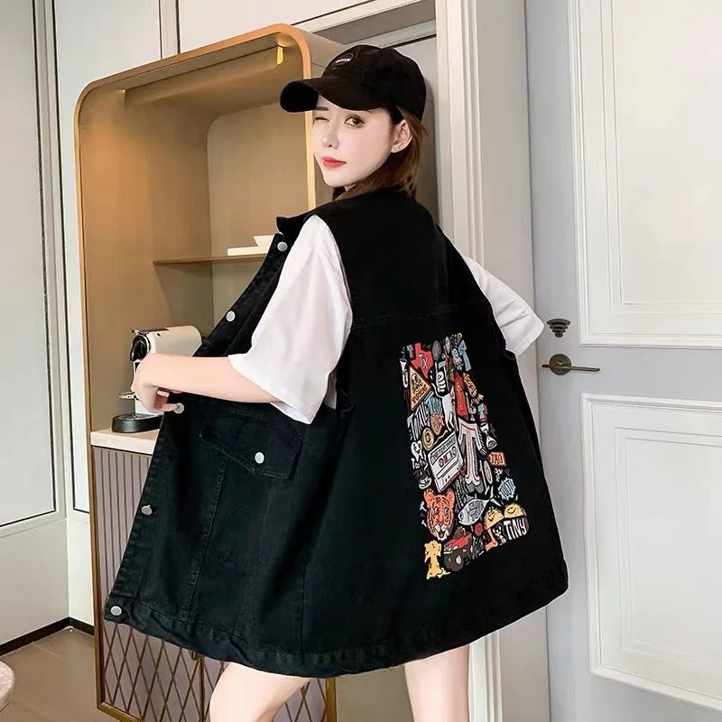 New Denim Vest For Women Jeans Veste Female Casual Sleeveless Jacket Korean Loose Mid-length Printed Female Waistcoat S-4XL