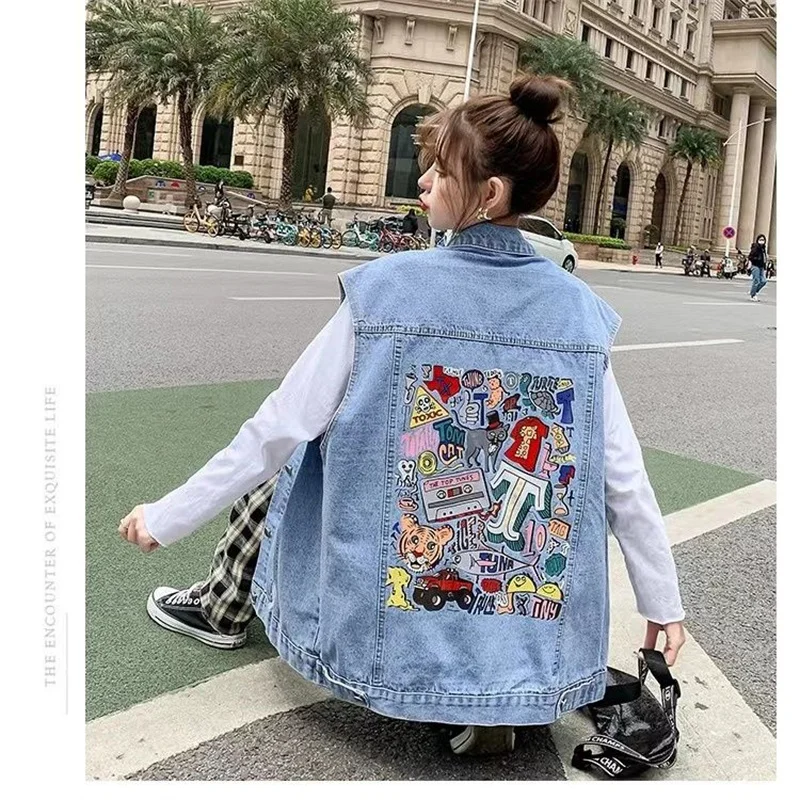 New Denim Vest For Women Jeans Veste Female Casual Sleeveless Jacket Korean Loose Mid-length Printed Female Waistcoat S-4XL