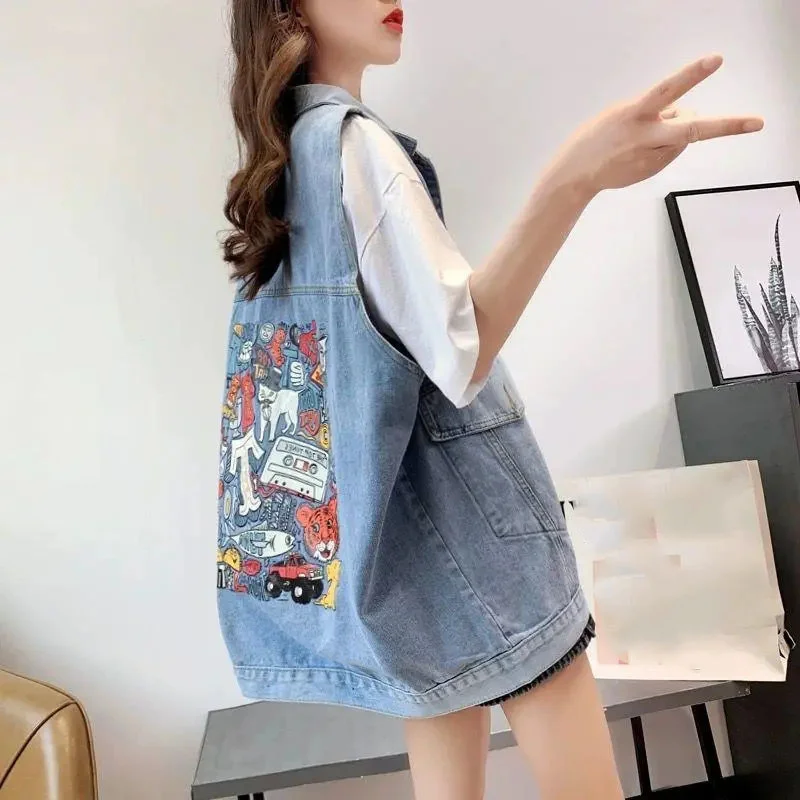 New Denim Vest For Women Jeans Veste Female Casual Sleeveless Jacket Korean Loose Mid-length Printed Female Waistcoat S-4XL