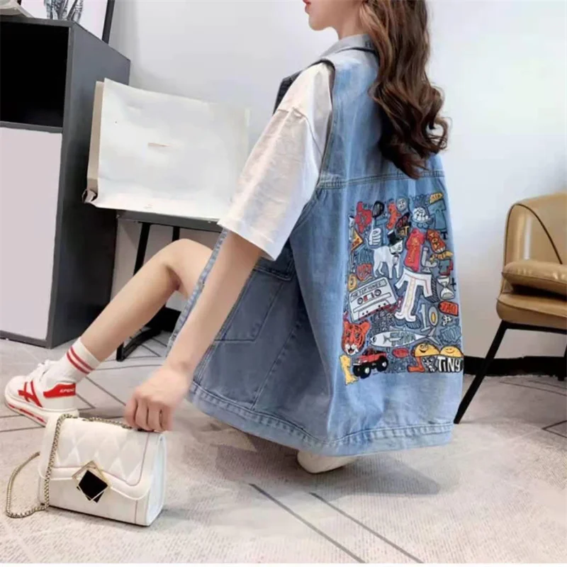 New Denim Vest For Women Jeans Veste Female Casual Sleeveless Jacket Korean Loose Mid-length Printed Female Waistcoat S-4XL