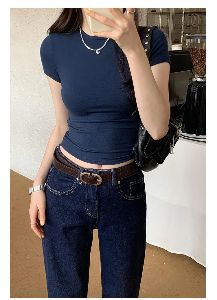 American style spicy girl shoulder T-shirt for women in summer 2025, tight fitting and slimming short top, basic elastic short s