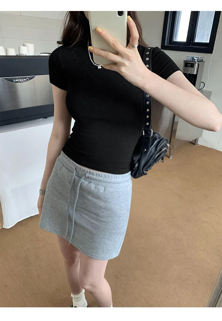 American style spicy girl shoulder T-shirt for women in summer 2025, tight fitting and slimming short top, basic elastic short s