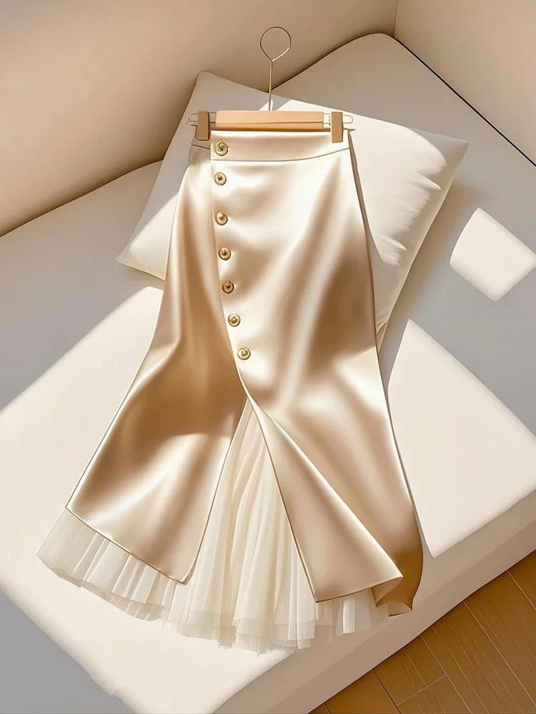 2025 New Commuting Women Fashion Spliced Mesh Single Breasted Slit Maxi Skirt Elegant Satin Temperament Long Skirts