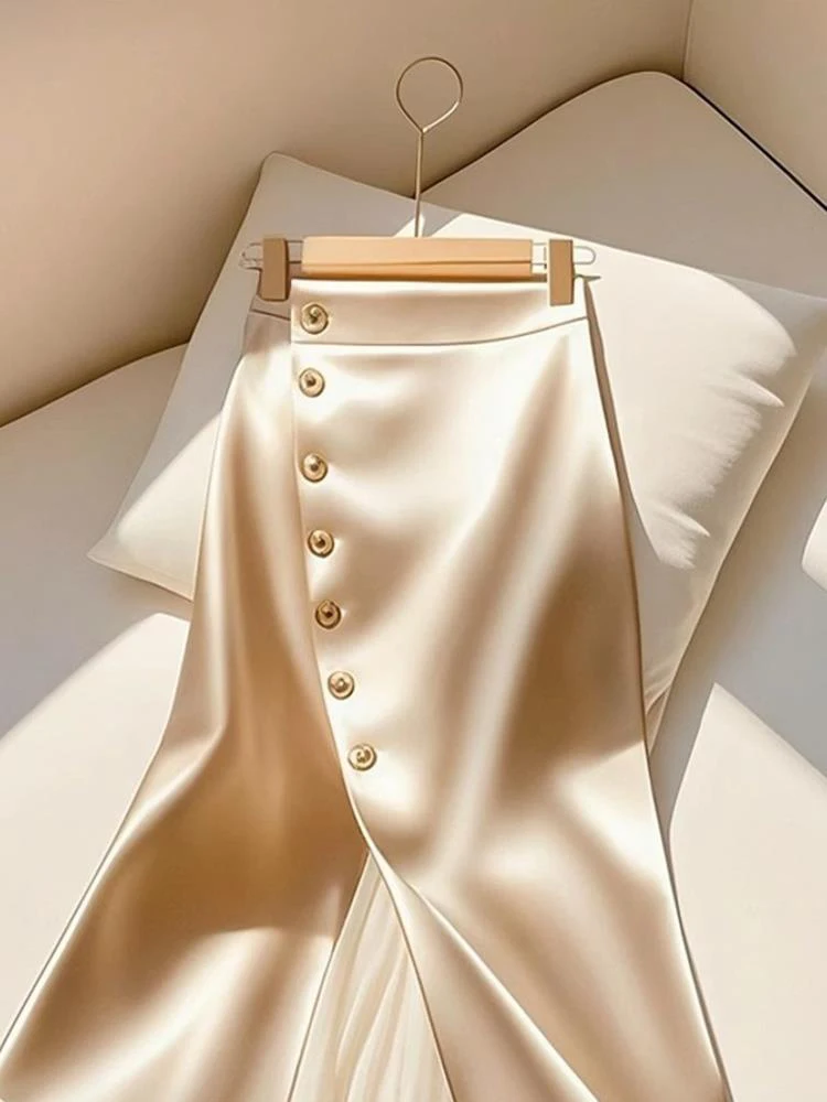 2025 New Commuting Women Fashion Spliced Mesh Single Breasted Slit Maxi Skirt Elegant Satin Temperament Long Skirts