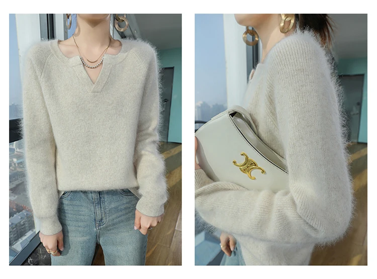 100% Pure Mink Cashmere Sweater Ladies V-Neck Thick Knit Pullover Casual Loose Long-Sleeved Blouse Autumn New Large Size Shirt