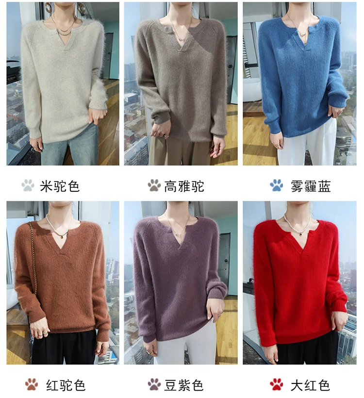100% Pure Mink Cashmere Sweater Ladies V-Neck Thick Knit Pullover Casual Loose Long-Sleeved Blouse Autumn New Large Size Shirt