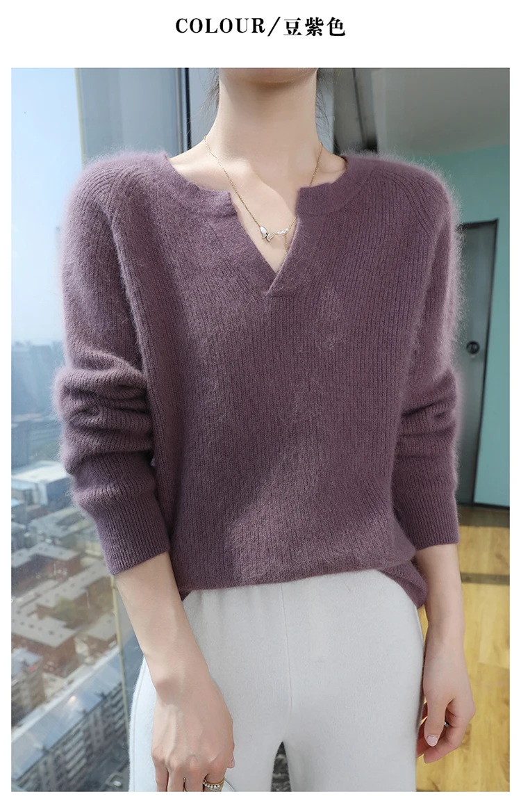 100% Pure Mink Cashmere Sweater Ladies V-Neck Thick Knit Pullover Casual Loose Long-Sleeved Blouse Autumn New Large Size Shirt