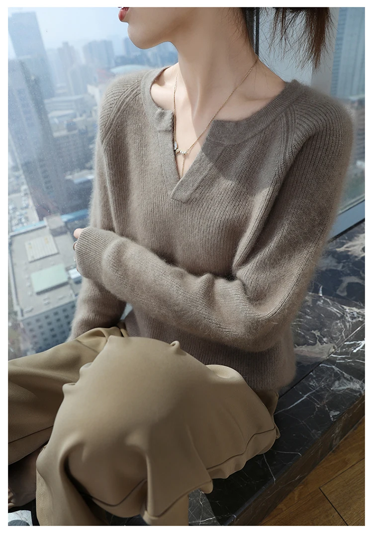 100% Pure Mink Cashmere Sweater Ladies V-Neck Thick Knit Pullover Casual Loose Long-Sleeved Blouse Autumn New Large Size Shirt