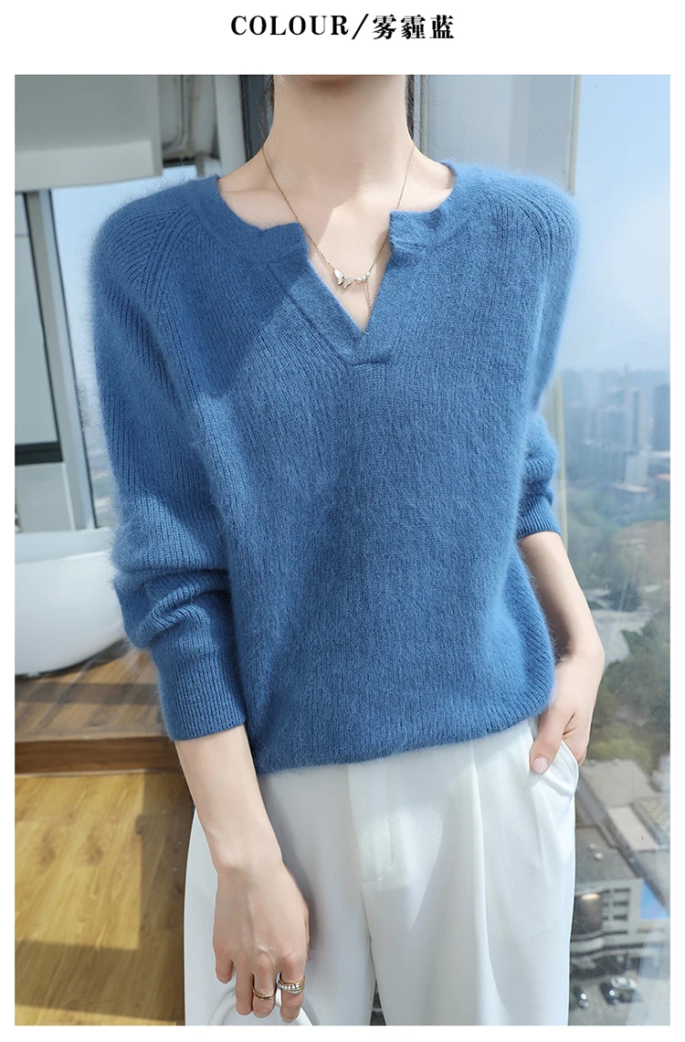 100% Pure Mink Cashmere Sweater Ladies V-Neck Thick Knit Pullover Casual Loose Long-Sleeved Blouse Autumn New Large Size Shirt