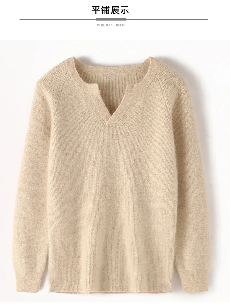 100% Pure Mink Cashmere Sweater Ladies V-Neck Thick Knit Pullover Casual Loose Long-Sleeved Blouse Autumn New Large Size Shirt