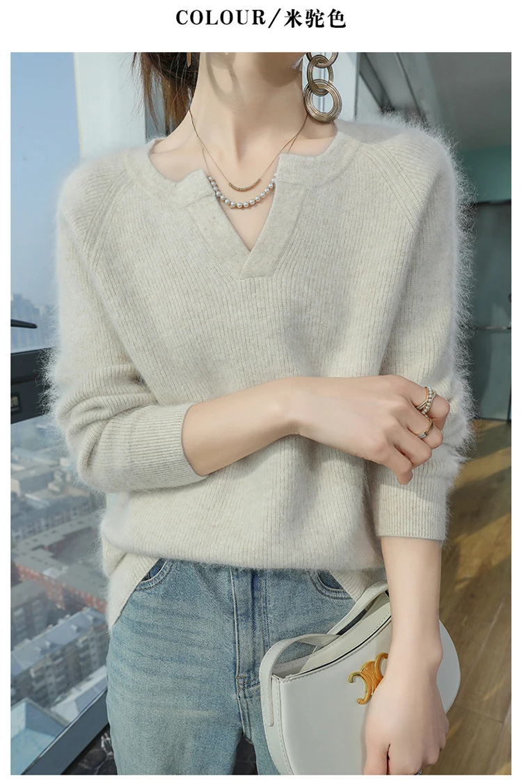 100% Pure Mink Cashmere Sweater Ladies V-Neck Thick Knit Pullover Casual Loose Long-Sleeved Blouse Autumn New Large Size Shirt