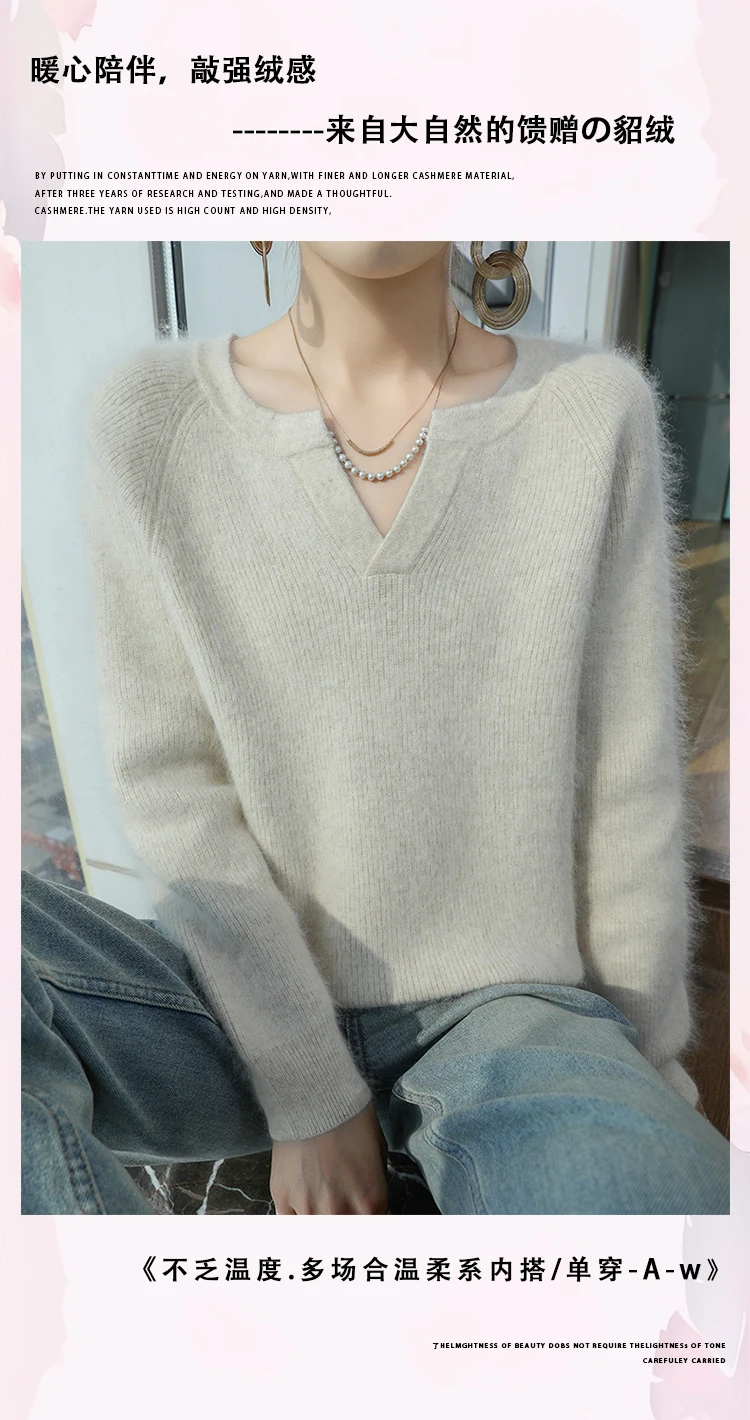 100% Pure Mink Cashmere Sweater Ladies V-Neck Thick Knit Pullover Casual Loose Long-Sleeved Blouse Autumn New Large Size Shirt
