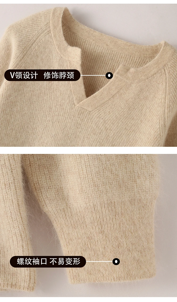100% Pure Mink Cashmere Sweater Ladies V-Neck Thick Knit Pullover Casual Loose Long-Sleeved Blouse Autumn New Large Size Shirt