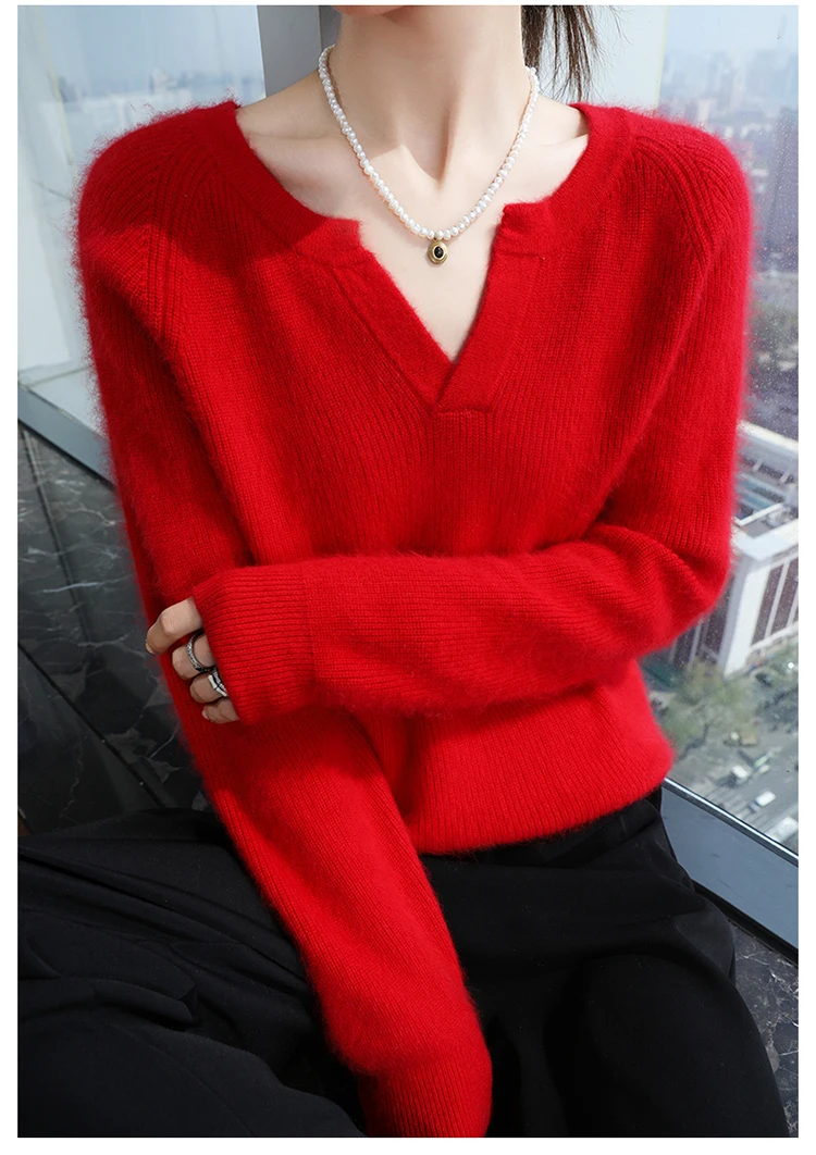 100% Pure Mink Cashmere Sweater Ladies V-Neck Thick Knit Pullover Casual Loose Long-Sleeved Blouse Autumn New Large Size Shirt