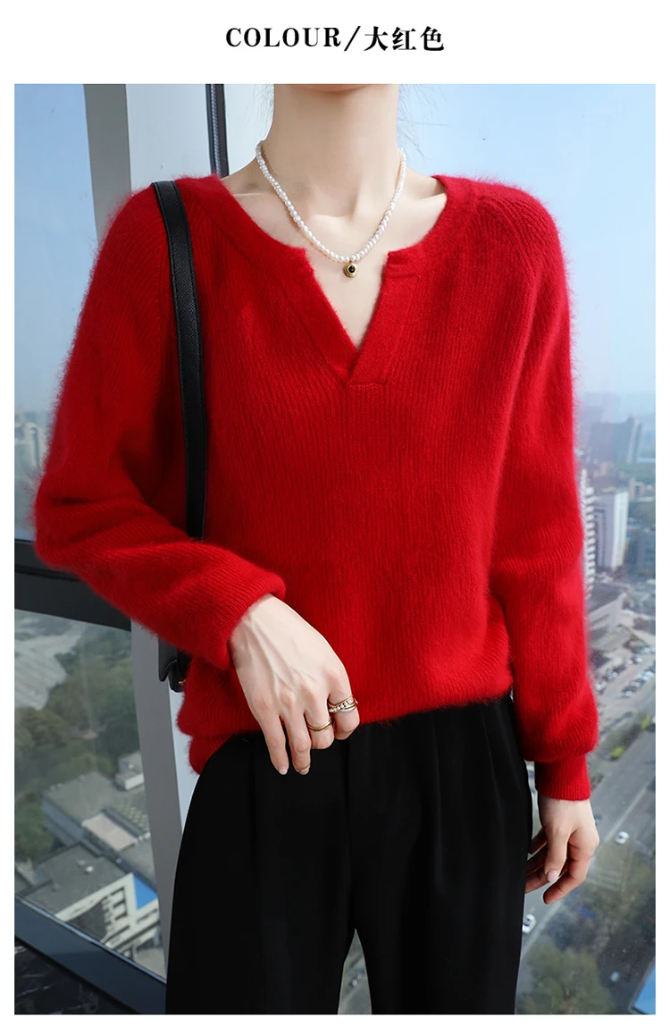 100% Pure Mink Cashmere Sweater Ladies V-Neck Thick Knit Pullover Casual Loose Long-Sleeved Blouse Autumn New Large Size Shirt